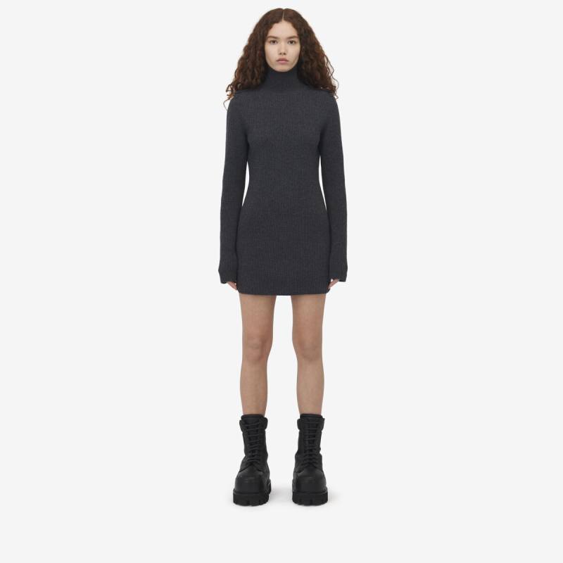 Alexander McQueen Women's Silver Ribbed Knit Mini Dress - XXL (Wool & Cashmere)